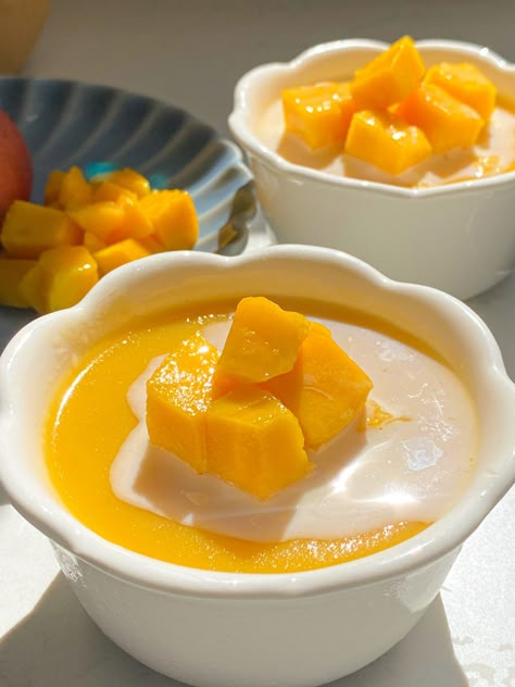 Hong Kong Mango Pudding, Chinese Jello Dessert, Chinese Mango Pudding Recipe, Mango Pudding Chinese, Mango Custard Pudding, Asian Mango Dessert, Chinese Food Dessert, Asian Recipes Dessert, Chinese Pudding