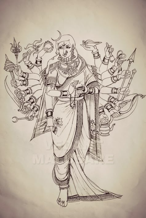 Ashtadasha bhuja Mahalakshmi Ma Durga Sketch, Tulaja Bhavani, Hindu Artwork, Maa Durga Painting, Drawing For Students, Ganpati Art, Concept Drawing, Wash Painting, Durga Painting