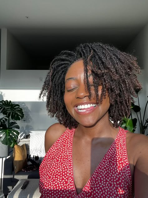 sisterlocs, natural hair, locs, curly ends, Microlocs, sisterlocks, red dress, house plants, west facing windows, melanin, golden hour, boho style, earthy black girl, white teeth Medium Length Micro Locs, Hairstyles For Short Microlocs, Curly Ends Locs, Micro Locs Curly Ends, 4c Locs With Curly Ends, Small Locs With Curly Ends, Micro Locs With Curly Ends, Curly End Locs, Microlocs Braids