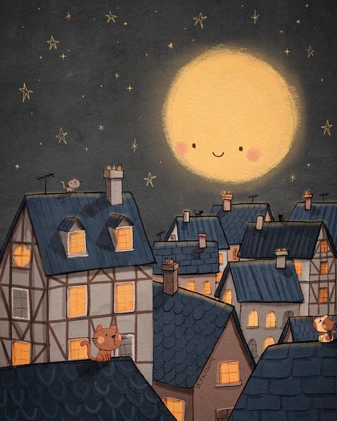 Moon Aesthetic Cartoon, Good Night Illustration Art, Good Night Images New Good Night Images, Moon Cute Drawing, Good Night Drawing, Good Night Cute Images, Bedtime Illustration, Good Night Aesthetic, Day And Night Drawing