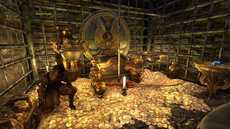 Castle Treasure Room, Treasure Room Fantasy Art, Fantasy Treasure Room, Treasury Room, Treasure Room, Ancient Treasure, Elder Scrolls Skyrim, Pirate Art, Elder Scrolls Online