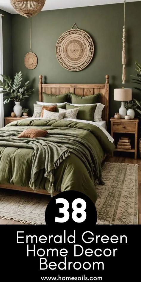 Discover 38 emerald green home decor ideas for your bedroom! From rich emerald walls and bedding to elegant accents and accessories, these ideas will help you create a sophisticated and inviting space. Perfect for adding a bold, luxurious touch to your bedroom decor. Green Master Bedrooms Ideas, Green Bedding Green Wall, Bedroom Inspirations Master Hunter Green, Dark Green Rustic Bedroom, Emerald Green And Rose Gold Bedroom, Green Bedroom Comforter Ideas, Bedroom Decor Green Bedding, Bedroom With Emerald Green Accents, Emerald Green Accent Bedroom