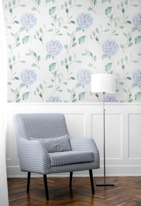 Peel And Stick Wallpaper Bathroom Blue, Hydrangea Wallpaper Bedroom, Hydrangea Wallpaper Bathroom, Hydrangea Themed Nursery, Hydrangea Peel And Stick Wallpaper, Hydrangea Nursery Decor, Hydrangea Baby Nursery, Blue Flower Wallpaper Bedroom, Blue Hydrangea Bedroom