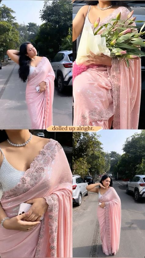 Farwell Idea Dress Saree, Saare Pose Ideas, Pose Ideas In Saree, Ethnic Day Outfits College Saree, Saare Poses Aesthetic, College Farewell Saree Ideas, Pink Saree Aesthetic, Saree Instagram Story, Saree Photo Ideas