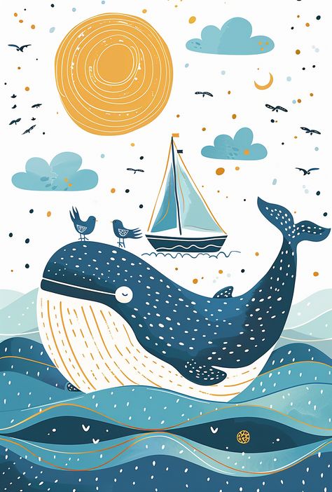 #BohoNursery #Whale #CuteIllustration #Ocean #Summer #LoïcJouannigot #Seabirds #Sailboat #Sun #WhiteBackground #Hand-drawn #PastelTones #BeigeColorScheme #45:67 #TheCandie Children Book Illustration Ideas, Sun White Background, Candle Painting Art, Whale Swimming, Whale Drawing, Happy Whale, Inspirational Digital Art, Whale Illustration, Blue Drawings