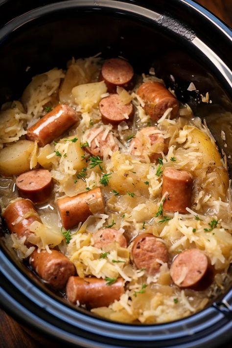 Recipes With Polish Sausage, Crockpot Polish Sausage, Polish Sausage Sauerkraut And Potatoes, Sauerkraut And Potatoes, Sausage And Sauerkraut, Sausage Crockpot Recipes, Crock Recipes, Sausage Sauerkraut, Golden Potatoes