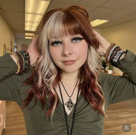 Blonde Streak Red Hair, Hair Color Idea With Bangs, Blonde And Colored Hair Ideas, Hair Styles For Split Dyed Hair, Half Brown Half Blonde Hair Split With Bangs, Half Blonde Half Black Hair With Bangs, Chunky Highlights Colorful, Red Block Coloring Hair, Split Hair With Bangs