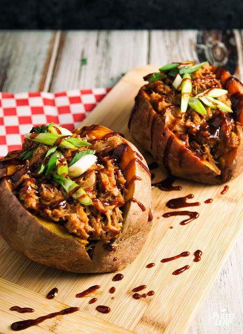 Missing pulled pork sandwiches? Try them Paleo-style, with a sweet potato standing in for the bun! Pork Stuffed Sweet Potatoes, Paleo Pork, Stuffed Sweet Potatoes, Paleo Crockpot, Dinner Prep, Turkey Gravy, Roast Dinner, Recipe 30, Deep Frying