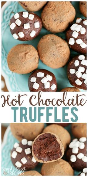 These hot chocolate truffles taste like a yummy cup of hot cocoa with two topping options! This will be a favorite Christmas dessert to share! #hotchocolate #hotcocoa #truffles #hotchocolatetruffles #dessert #dessertrecipes #christmastreats #christmas #christmasrecipes via @simplesweetrecipes Hot Chocolate With Cheese, Hot Chocolate Truffles, Simple Sweet Recipes, Holiday Food Recipes, Favorite Christmas Desserts, Party Side Dishes, Simple Appetizers, Simple Dessert Recipes, Dessert Truffles