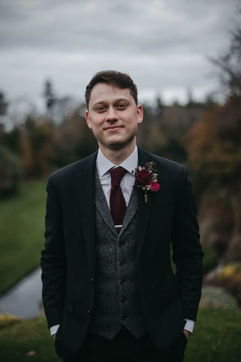 Moody Autumnal Romance: Áine & Slavik's Druids Glen Wedding Dark Wedding Groom Suit, Black Tweed Groom Suit, Wedding Suits Autumn, Moody Wedding Suit, Dark Groom Attire, Groom Autumn Wedding, Dark And Moody Groom Attire, December Wedding Groom Attire, Moody Groom Attire