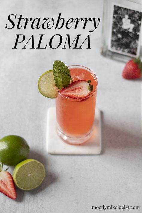 Strawberry Paloma Cocktail Tequila, Strawberry Paloma Cocktail, Strawberry Tequila Cocktail, Strawberry Tequila Drinks, Paloma Cocktail Tequila, Strawberry Paloma, Tequilla Cocktails, Tequila Cocktails Easy, Moody Mixologist