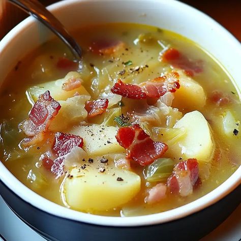 Irish Bacon Cabbage and Potato Soup Cabbage And Potato Soup, Irish Soup, Bacon Cabbage, Cabbage Potato Soup, Irish Bacon, Potato Bacon Soup, Cabbage And Potatoes, Bacon Potato, Bacon Soup