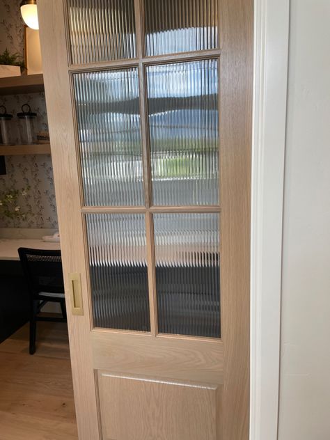 Wood Pocket Door Pantry, White Oak Pocket Doors, Reeded Pantry Door, Cane Interior Door, Wood And Glass Pocket Door, Oak Pocket Doors, Pocket Door With Glass Panels, Arched Pocket Door Pantry, Reed Glass Front Door