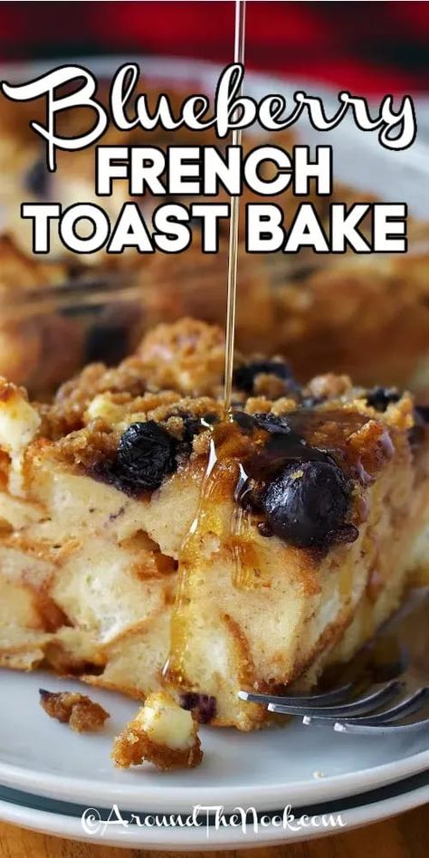 Delish and easy Blueberry French Toast Bake is a recipe to keep close at hand! With added cream cheese and of course blueberries (fresh or frozen), it makes an irresistible combination of flavors that the whole family will love. Bake it on the weekend and enjoy leftovers for a quick breakfast all week long. #blueberryfrenchtoastbake #easybreakfast #makeaheadbreakfast #brunchrecipe #frenchtoastcasserole #aroundthenook Make Ahead Stuffed French Toast, Blueberry French Toast Casserole Overnight, Oatmeal Crepes, Berry French Toast Bake, Waffles Oatmeal, Easy Weekend Breakfast, Blueberry French Toast Bake, Blueberry French Toast Casserole, Stuffed French Toast Cream Cheese