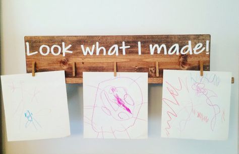 Look what I made! Sign Hanging Kids Artwork, Look What I Made Sign, Child Playroom, Barn Board Signs, Childrens Art Display, Find Your Fire, Neutral Kids Room, Class Auction, Displaying Kids Artwork