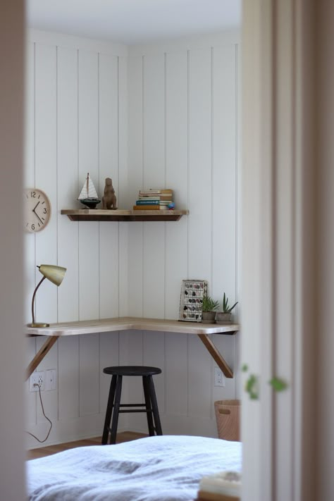 New house remodel in Maine by Jersey Ice Cream Co., glam eat-in kitchen included Desk Interior Design, Floating Corner Desk, Small Corner Desk, Desk Interior, Diy Corner Desk, Room Organization Bedroom, Floating Desk, Cottage Style Homes, Bedroom Desk