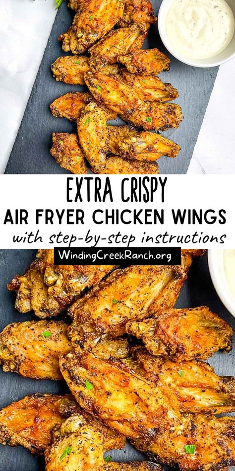 Air fryer chicken wings with baking powder are the crispiest chicken wings you will ever make. They are super easy to make, and the cook time is only about 30 minutes. The final result is wings that are crispy and flavorful on the outside and tender and juicy on the inside. Because they are cooked in an air fryer, hardly any oil is used, and cleanup is a breeze! Toss them in your favorite sauce, or serve as is, lightly seasoned, with your favorite wing sauce. Chicken Wings In Air Fryer, Wings In Air Fryer, Air Fryer Recipes Chicken Wings, Recipes Chicken Wings, Air Fry Chicken Wings, Air Fryer Baking, Awesome Chicken, Air Fryer Wings, Frozen Chicken Wings