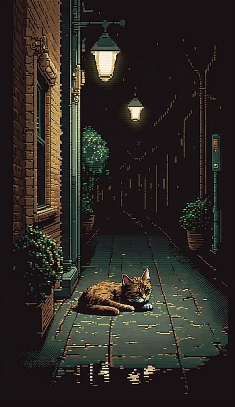 Cat on sidewalk, digital art, pixel art. Pxl Art Wallpaper, Cat Wallpaper Pixel, Cat Pixel Wallpaper, Pixel 8 Wallpaper, Cat Pixel Art Wallpaper, Pixeled Wallpaper, Pixel Digital Art, 8 Bit Art Wallpaper, Cool Pixel Art Wallpaper