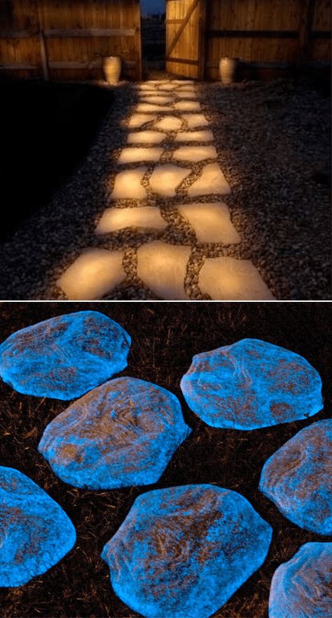 Make your garden glow with these Glow in the Dark Rocks. An easy DIY project. Glow In The Dark Outdoor Paint, Rock Pathway Ideas Diy, Diy Stone Walkway, Glow In The Dark Rocks, Glow In Dark Paint, Solar Paint, Diy Pathway, Glow Rock, Rock Pathway