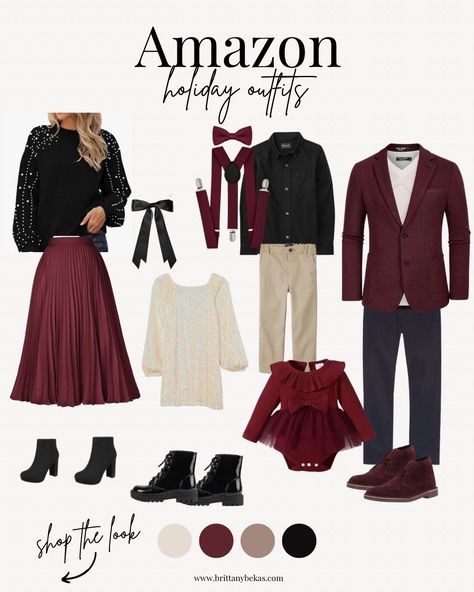 This modern take on the classic red with burgundy is so on trend for holiday! Everything featured in these holiday family outfits is available on Amazon and under $75. I love the white sequin dress and all the textured and colors together. If you are looking for holiday family outfits for a Christmas party, holiday party or just for your holiday card photo outfits -- this styled Christmas outfit is perfect! Shop everything styled here on my Amazon shop. Click to shop it! #amazonfashion Christmas Card Dress, Holiday Outfit Family Pictures, Navy Burgundy Cream Family Photos, Plum Color Scheme Family Photos, Cranberry Family Photo Outfits, Christmas Mini Shoot Outfits, Christmas Cabin Outfits, Winter Holiday Family Photo Outfits, Christmas Eve Family Outfits