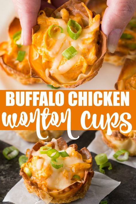 Buffalo Chicken Wonton Cups - Tender chicken is smothered in a creamy, peppy sauce in a crispy wonton shell. Enjoy all the flavors of Buffalo Wings without the messy fingers! #ad #buffalochicken #wontoncups Buffalo Wonton Cups, Southwest Chicken Wonton Cups, High Protein Wonton Recipes, Chicken Wonton Cups Appetizers, Wonton Chicken Cups, Bbq Chicken Wonton Cups, Buffalo Chicken In Wonton Wrappers, Buffalo Chicken Dip Wonton Cups, Wonton Buffalo Chicken Cups