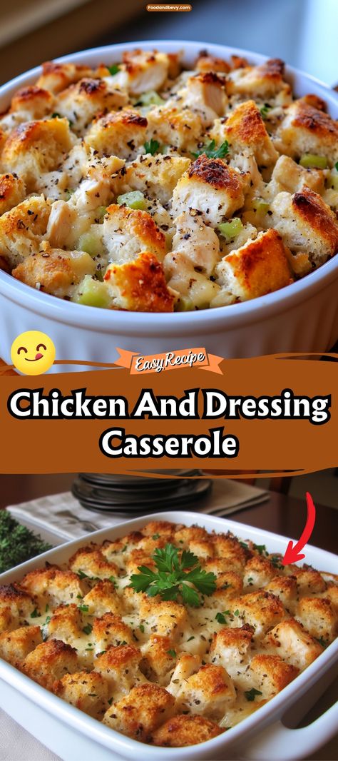 Enjoy the comforting taste of Chicken and Dressing Casserole, a delightful blend of creamy chicken, herbed stuffing, and vegetables all baked into one delicious dish. It's like Thanksgiving dinner any day of the week, perfect for satisfying your comfort food cravings. #ChickenCasserole #ComfortFood #EasyDinner Beyond The Chicken Coop Recipes, Chicken And Filling Casserole, Amish Chicken And Stuffing Casserole, Chicken And Dressing Casserole Recipes, Creamy Chicken Stuffing Casserole, Chicken And Dressing Casserole Stove Top, Chicken Casserole Freezer Meals, Chicken Recipes For Company, Chicken Recipes For Dinner Casserole