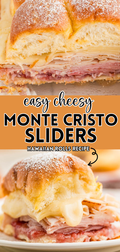 These Monte Cristo Sliders pack all the best parts of the classic sandwich—crispy golden crust, warm layers of meat and cheese, and a light sprinkle of powdered sugar—into bite-sized, shareable sliders that are perfect for any gathering! Oven Baked Ham And Cheese Sliders, Easy Monte Cristo Sliders, Baked Ham And Cheese Sliders Hawaiian Rolls, Hawaiian Roll Monte Cristo Sliders, Crescent Roll Monte Cristo, Sliders Recipes Cold, Kings Hawaiian Monte Cristo Sliders, Croque Monsieur Sliders, Monte Cristo Bites