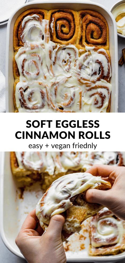 These Eggless Cinnamon Rolls are soft, fluffy, and super gooey in the middle! They're easy to make and come together with 8 basic ingredients. You can easily make these homemade cinnamon rolls vegan by using vegan butter and non-dairy milk. as they're already egg-free. Eggless Cinnamon Buns, Cinnamon Rolls Homemade Eggless, Vegan Cinammon Rolls Recipes, Egg Free Pastries, Egg Free Lunch Ideas, Wheat Free Egg Free Recipes, Homemade Cinnamon Rolls No Egg, Easy Cinnamon Rolls No Eggs, Dairy Free Egg Free Muffins