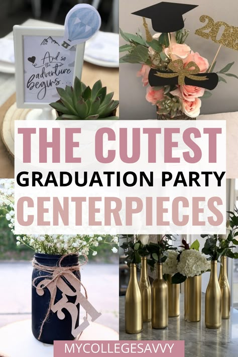 The cutest graduation party centerpieces High School Graduation Centerpieces, Graduation Party Table Centerpieces, Graduation Party Table Decorations, Grad Party Centerpieces, High School Grad Party, Grad Party Food, Graduation Table Centerpieces, Graduation Centerpieces, High School Graduation Party Decorations