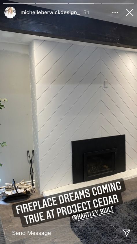 White Chevron Fireplace, Herringbone Shiplap Fireplace Wall, Herringbone Shiplap Fireplace, Panelled Fireplace, Chevron Fireplace, Shiplap Fireplace Wall, Herringbone Shiplap, Modern Fireplace Ideas Living Rooms, Modern Fireplace Ideas