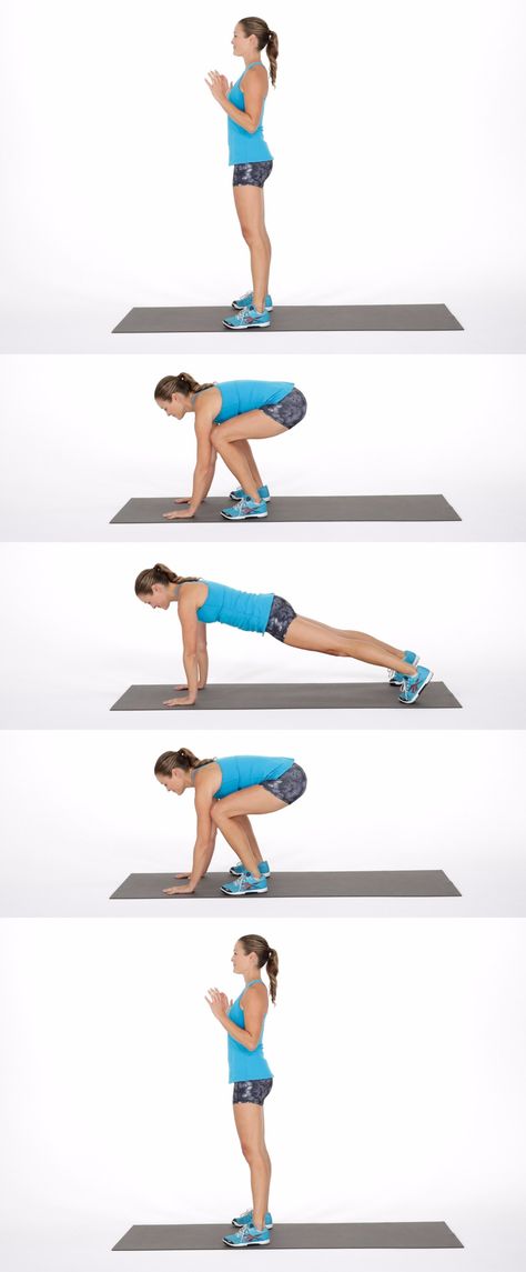 Not a fan of burpees? Who is?! Then try this move instead known as the squat thrust. It's like an easier version of a burpee that still gets your heart rate up and strengthens your core. Squat Thrust, Workout Board, Fitness Challenges, Core Workouts, Fitness Exercises, Fit Girl Motivation, Glute Bridge, Lower Abs, Work Outs