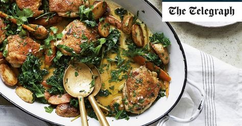 One-pan ‘roast’ chicken with potatoes, kale and thyme Roast Chicken Pie, Donal Skehan Recipes, Best Chicken Thigh Recipe, Recipes Chicken Thighs, Healthy Chicken Thigh Recipes, Donal Skehan, Roast Chicken Dinner, Thyme Recipes, Chicken And Potatoes