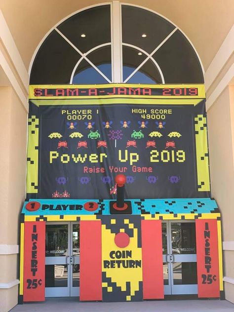 Video Game Homecoming Theme, Videogame Classroom Theme, Arcade School Theme, Level Up Classroom Theme, Gamer Classroom Theme, Game On School Theme, Video Game Theme Bulletin Board Ideas, Level Up School Theme, Video Game Hallway Theme