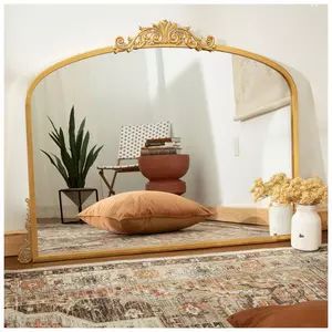 Latge Gold Mirror, Big Gold Mirror Aesthetic, Large Mirror Over Dresser, Gold Mirror Bedroom Decor, Large Horizontal Mirror, Mirror Behind Bed, Dining Room Wall Mirror, Big Gold Mirror, Dresser Fireplace