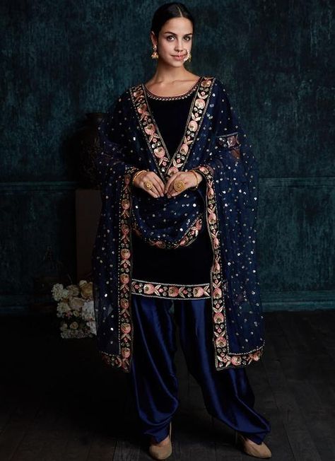 Navy Blue Embroidered Velvet Punjabi Suit Velvet Punjabi Suits, Patiala Suit Designs, Embroidery Suits Punjabi, Velvet Dress Designs, Designer Punjabi Suits, Punjabi Outfits, Punjabi Salwar, Patiala Suit, Punjabi Dress