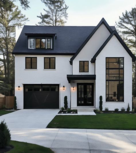 A beautiful blend of modern and classic design, this dream home offers a luxurious lifestyle focused on wellness and fashion.  Click to learn more! Exterior Brick Paint Colors, White Home Exterior, Brick Paint Colors, Black Window Trims, Black Window Frames, White Exterior Houses, Black Roof, Exterior Houses, Modern Colonial