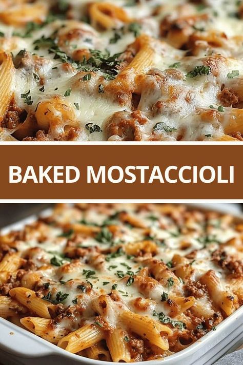 Baked Mostaccioli Easy Hot Dishes Casserole Recipes, Easy Mostaccioli Recipe Simple, Pasta For A Crowd Parties Entertaining, Baked Mostaccioli Recipe Ground Beef, Mosticholli Bake, Mastacholli Bake Recipe, Italian Baked Pasta Recipes, Pasta Recipes For Christmas Dinner, Baked Mostaccioli With Ricotta