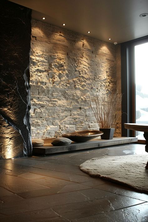 13 Stylish Rustic Home Decor Ideas For A Cozy Space Restaurant Renovation Ideas, Back Lit Marble Wall, Bedroom Stone Accent Wall, Textured Cement Wall, Living Room Stone Wall Ideas, Stone Accent Wall Entryway, Stone Murals On Walls, Decorative Stone Wall Interior Design, Rock Wall Living Room