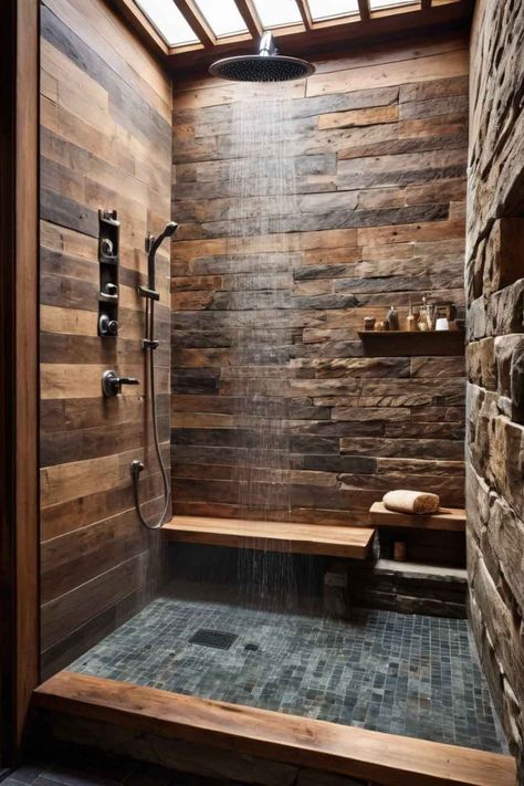 Rustic walk-in shower with a combination of wood and stone design, featuring a rainfall showerhead and modern fixtures. Master Bath Theme Ideas, Shower With Color Tile, Shower With Wood Beams, Walk In Shower No Door Rustic, Master Bathrooms With Walk In Showers Stone, Single Tile Bathroom Design, Rustic Corner Shower Ideas, Rustic And Modern House, Modern Rustic Master Bath Ideas