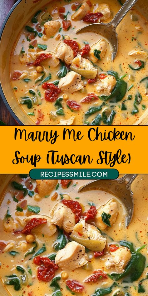 If you’re searching for a soup that’s not only comforting but also boasts the irresistible flavors of Tuscany, look no further than this Marry Me Chicken Soup. With its creamy texture, sun-dried tomatoes, and aromatic herbs, it’s a dish so delicious that it might just inspire a proposal! Whether you're making it for a cozy dinner or a special occasion, this Tuscan-inspired chicken soup is sure to impress. Tuscan Marry Me Chicken Soup, All Recipes Marry Me Chicken Soup, Best Cozy Soup Recipes, This Chicken Soup, Creamy Sun Dried Tomato And Spinach Soup, Soup With Sun Dried Tomatoes, Marry Me Chicken Soup In Crockpot, Marry Me Tuscan Soup, Ravioli Chicken Soup