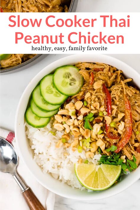 The most amazing crockpot chicken with a creamy Thai peanut sauce made with ingredients you already have in the pantry. Easy, delicious, and a family favorite. This healthy recipe from Slender Kitchen is MyWW SmartPOints compliant and is gluten free, low carb, and paleo. #dinner #freezerfriendly #kidfriendly Thai Peanut Chicken Freezer Meal, Crockpot Thai Peanut Chicken, Thai Peanut Chicken Crockpot, Crockpot Peanut Chicken, Peanut Chicken Crockpot, Crockpot Thai, Slow Cooker Thai, Healthy Slow Cooker Recipes, Chicken Crockpot Recipes Healthy