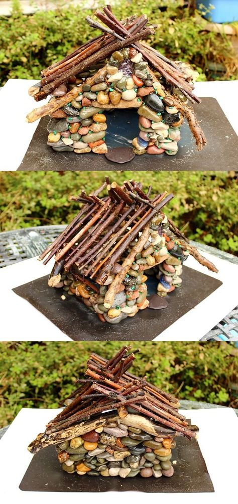 How to make a pebble fairy house - Free DIY tutorial by sewing bee fabrics Diy Stone Fairy House, Faerie House Diy, How To Build Fairy Houses, Toad Houses Diy How To Make, How To Build A Fairy House, Diy Fairy Furniture, Fairy Rock Garden, Diy Fairy House Ideas Homemade, Fairy House Diy Kids