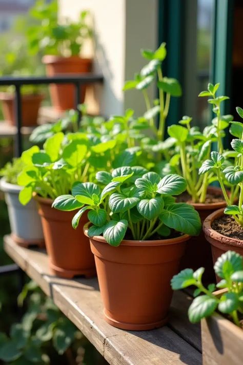 Potted green plants on a sunlit wooden balcony shelf. Garden In Containers, Vegetable Garden Design Ideas, Spacious Backyard, Vertical Gardening, Attracting Beneficial Insects, Thriving Garden, Vegetable Gardens, Garden Design Ideas, Square Foot Gardening