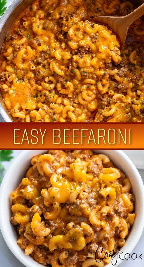 Beefaroni with elbow pasta and ground beef Ground Beef And Macaroni, Homemade Beefaroni Recipe, Homemade Beefaroni, Beefaroni Recipe, Ground Beef Pasta, Macaroni Recipes, Ground Beef Dishes, Beef Pasta, Meatball Recipe