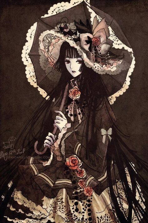 . A Drawing, Umbrella, A Woman, Roses, Flowers, Anime, Black