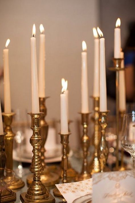 45 Candlestick Centerpieces That Will Light Up Your Reception – Page 2 – Hi Miss Puff Candlestick Centerpiece Wedding, Candlestick Centerpiece, Candle Sticks Wedding, Candle Stick Decor, Wedding Ceremony Ideas, Vintage Brass Candlesticks, Gold Candles, Style Deco, Brass Candle