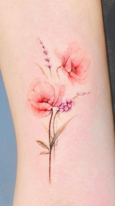 Watercolor Tattoo Back Of Neck, Girly Wrist Tattoos, Pastel Flower Tattoo, Feminine Flower Tattoos, Feminine Wrist Tattoos, Watercolor Flower Tattoo, Delicate Feminine Tattoos, Poppy Tattoos, Botanisches Tattoo