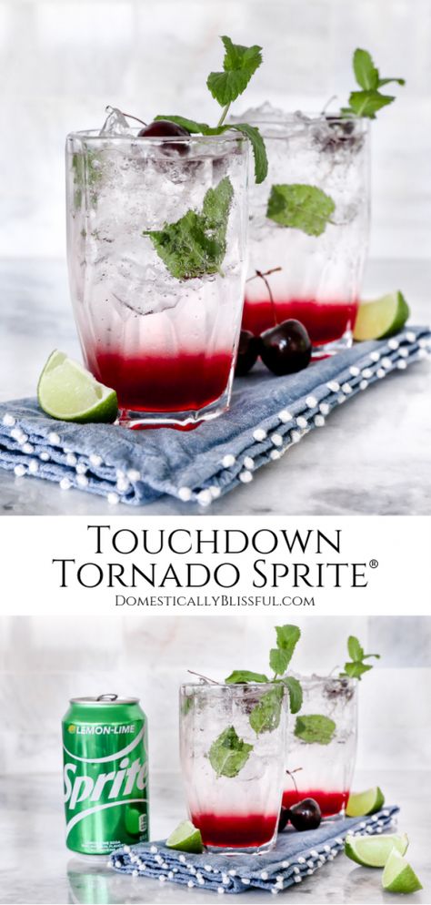 #AD This Touchdown Tornado Sprite® is a fun twist on a Virgin Cherry Mojito that's perfect for football season. #HostwithCocaCola @SheSpeaksUp | Non-alcoholic cherry mojito  recipe made with Sprite®, fresh mint, lime, & cherry syrup. | A fun football party drink recipe that adults and kids will love. | Tornado Party Food Ideas, Virgin Mojito Recipe With Sprite, Cherry Mojito Recipe, Football Party Drinks, Tornado Party, Gameday Foods, Cherry Mojito, Drinks With Sprite, Sprite Recipe