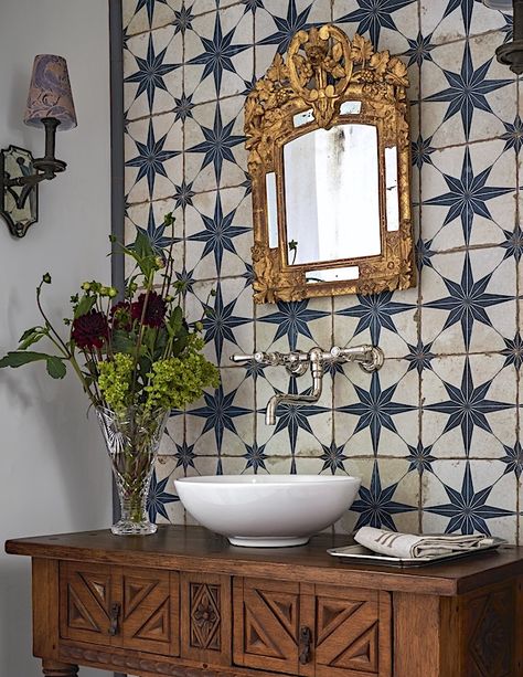 Highland Park Spanish Home - S·B Long Interiors Blue Spanish Bathroom, Spanish Bathroom Hacienda Style Mexican Tiles, Bathroom Ideas Mediterranean Style, Andalusian Tiles Bathroom, Half Bath Spanish Style, Andalusian Bathroom Design, Spanish Style Accent Wall, Spanish Bohemian Interior, Blue Spanish Tile Bathroom