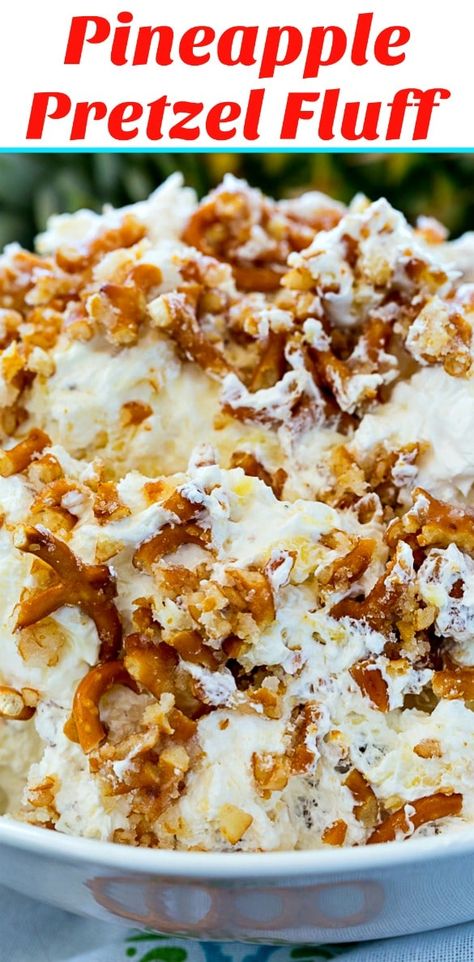 Pineapple Pretzel Flyy is a super easy dessert salad. Perfect for potlucks and picnics. Pineapple Pretzel Fluff, Pretzel Fluff, Spicy Southern Kitchen, Super Easy Desserts, Fluff Desserts, Salty Treats, Dessert Simple, Southern Kitchen, Easy To Make Desserts